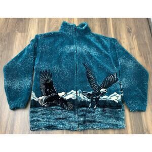 VTG 90s Sarah Fashions bald eagle nature all-over graphic deep pile fleece coat